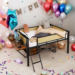 Kids and Baby Full Size Metal Loft Bed with Desk,LED Lights,Storage Shelves