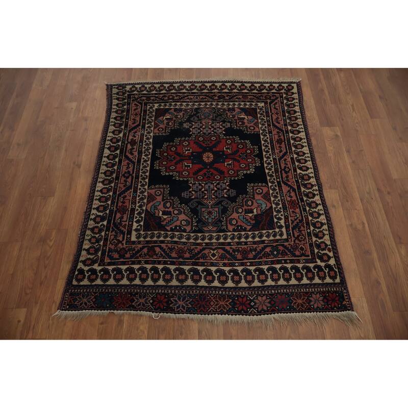 Hand Knotted Oriental 100% Wool Carpet Traditional Geometric Navy Blue & Blues Afshar Area Rug - 3' 10'' X 3' 1''