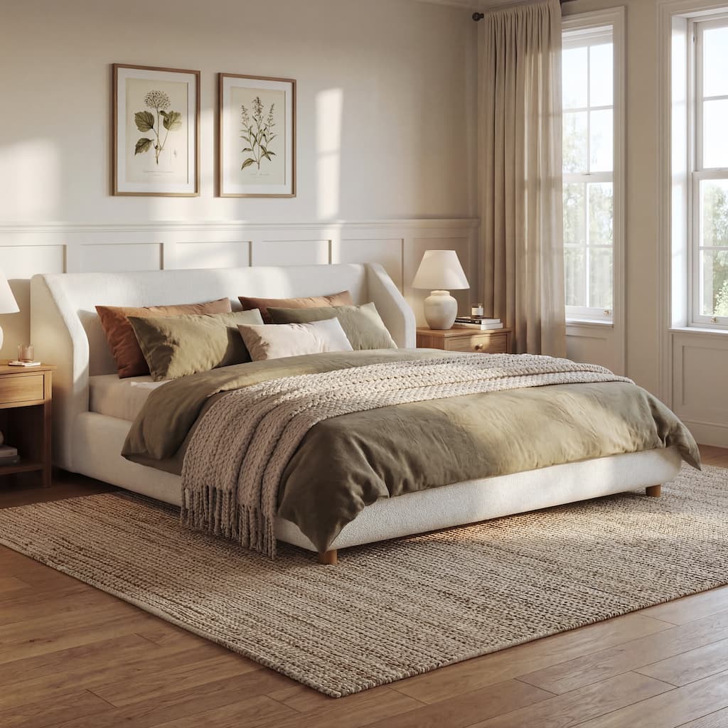 Christopher Knight Home - Arvilla Modern Boucle Upholstered Low Profile Platform Bed with Wingback Headboard & Wooden Slats