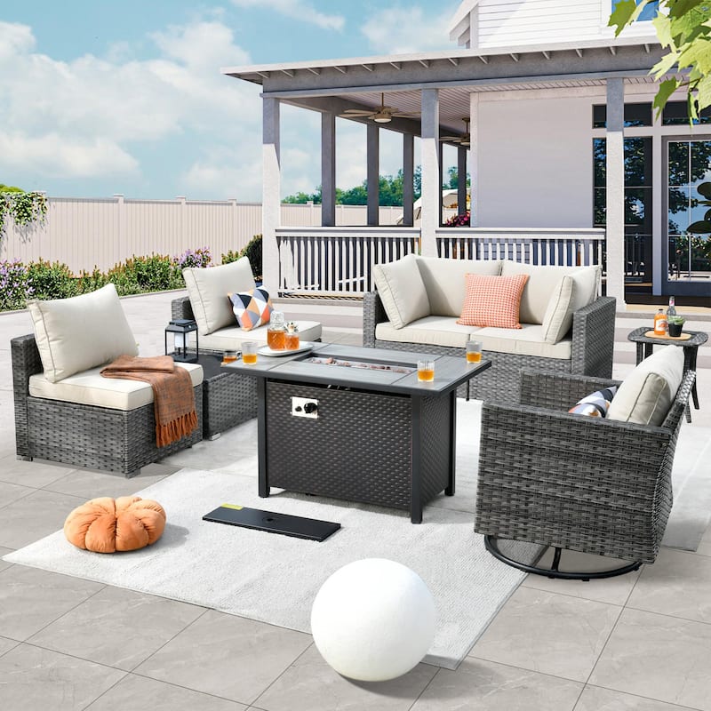 HOOOWOOO 8-piece Wicker Patio Furniture Sectional Set with Fire Pit Table