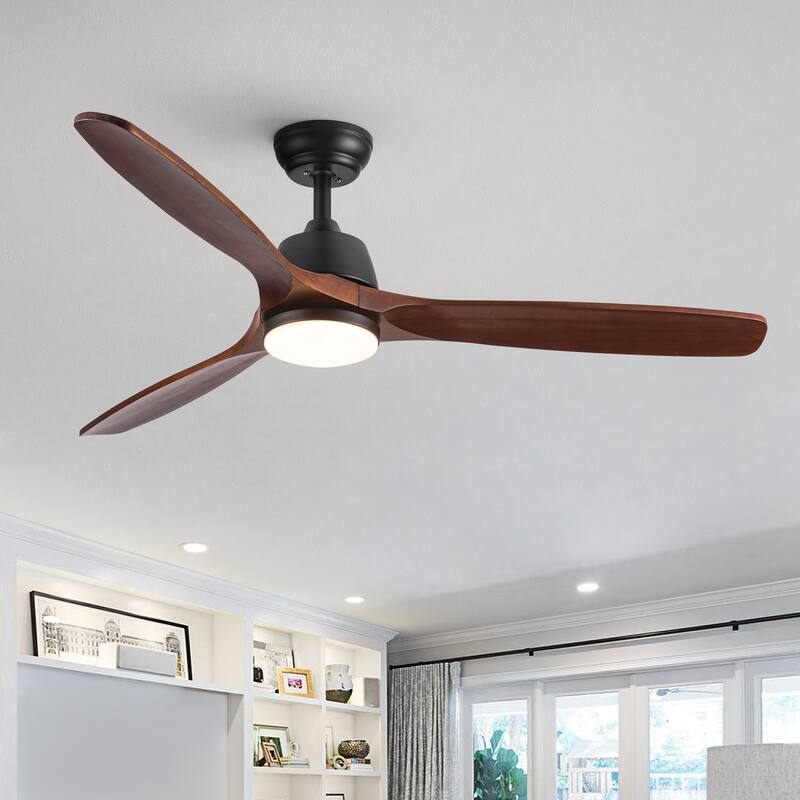 YUHAO 52 in. Indoor Matte Black Solid Wood Ceiling Fan with Integrated LED and Remote Control - 52 inch - Black - Remote