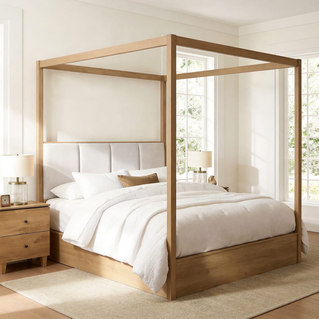 Queen Size Canopy Bed Frame with Upholstered Headboard, Solid Wood 4 Poster Bed, No Box Spring Needed, Modern Bed for Bedroom