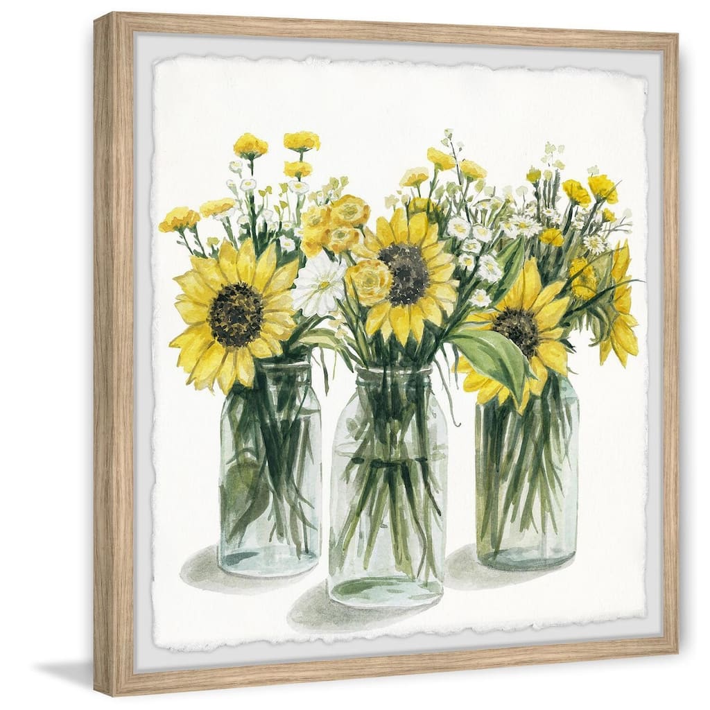 Sunflowers In Glass Jars Wall Art Print - Coastal Chic Home Decor Painting