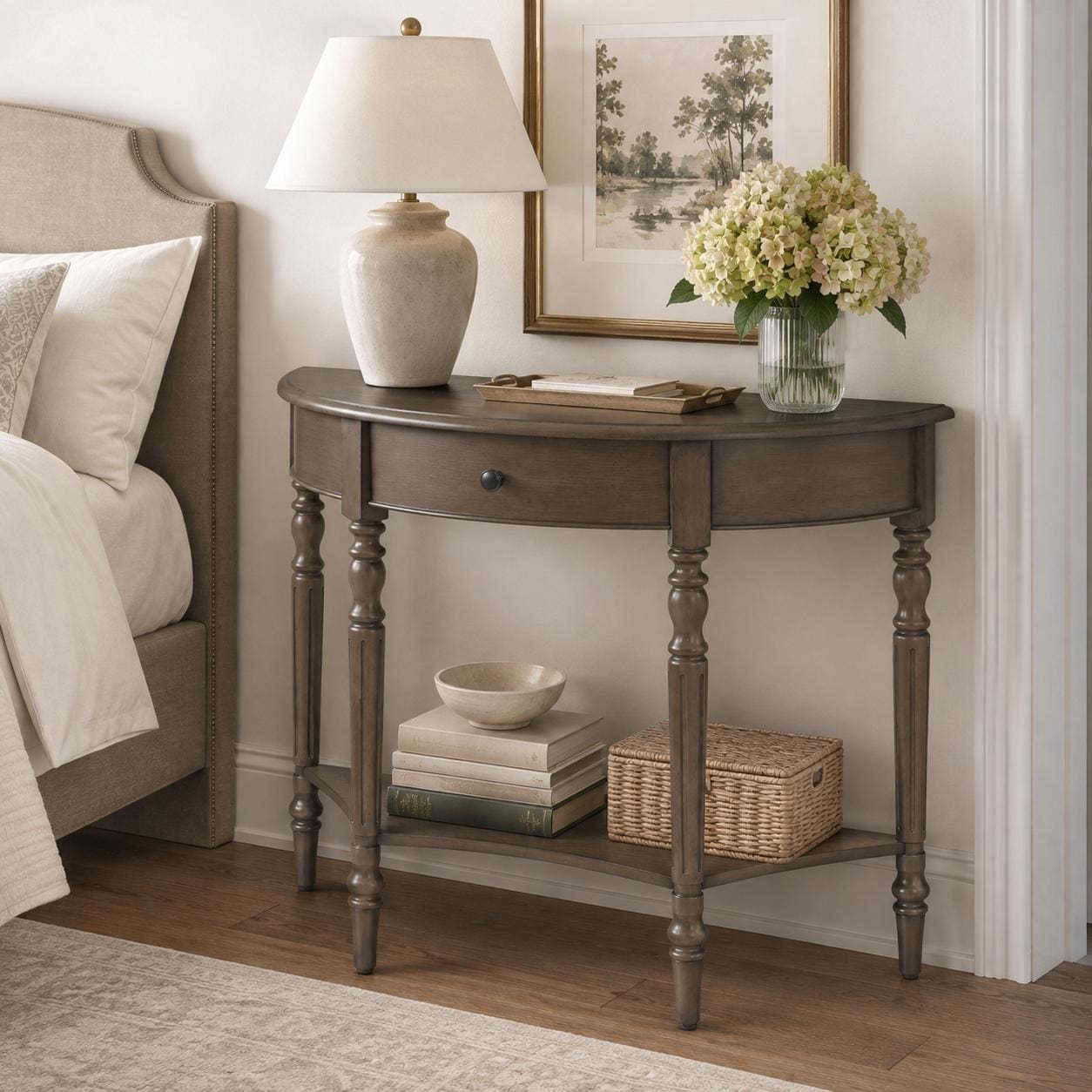 Homy Casa Half Moon Console Table with Drawer and Shelf, Farmhouse Entryway Sofa Table for Hallway