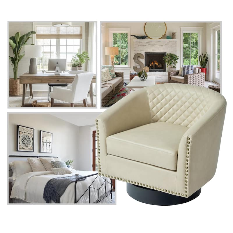 Faux Leather Nailheads Swivel Barrel Chair Set of 2