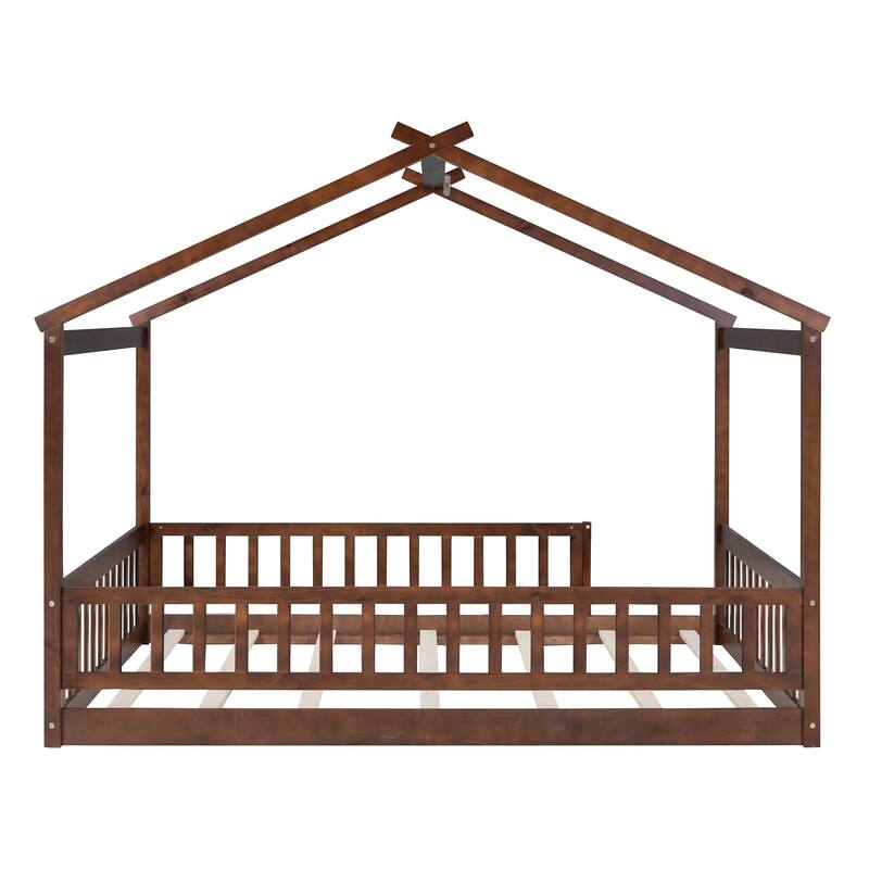 Full Size Wooden House Bed Frame with Fence for Kids and Teens, Walnut Finish