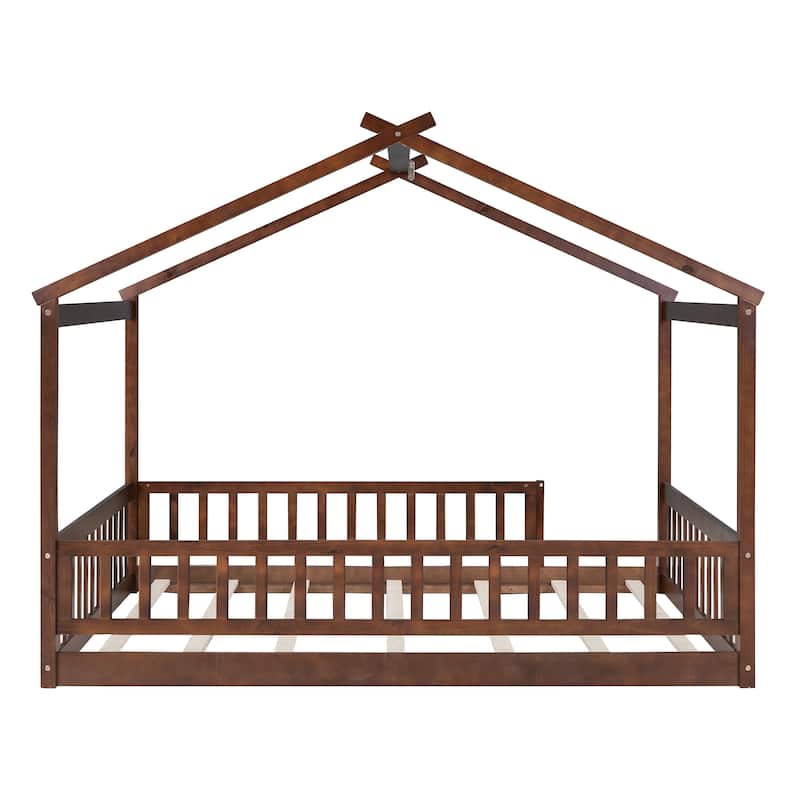 Walnut Full Size Wood House Bed Frame with Roof and Fence, for Kids, Teens, Girls, Boys