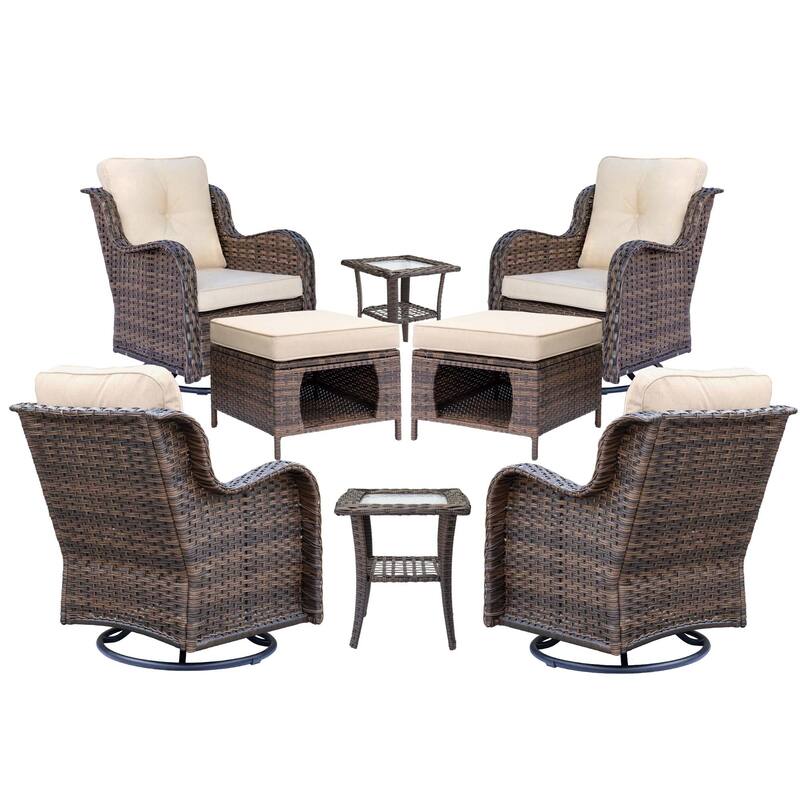 8 Piece Outdoor Wicker Patio Furniture Swivel Chairs and Ottoman Set