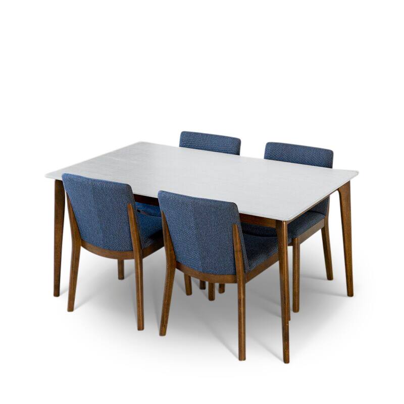 Langford 5-Piece Mid-Century Modern Dining Set with 4 Linen Dining Chairs in Blue