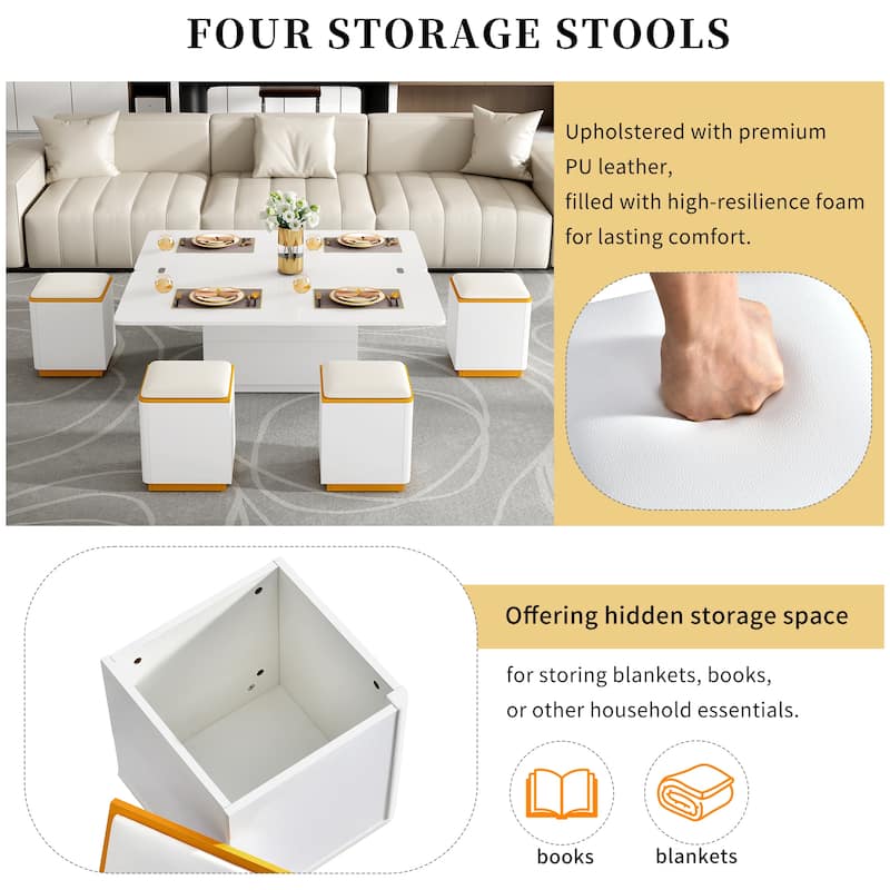 Lift-Top Coffee Table with 4 Stools - Space-Saving, Foldable, Multi-Functional