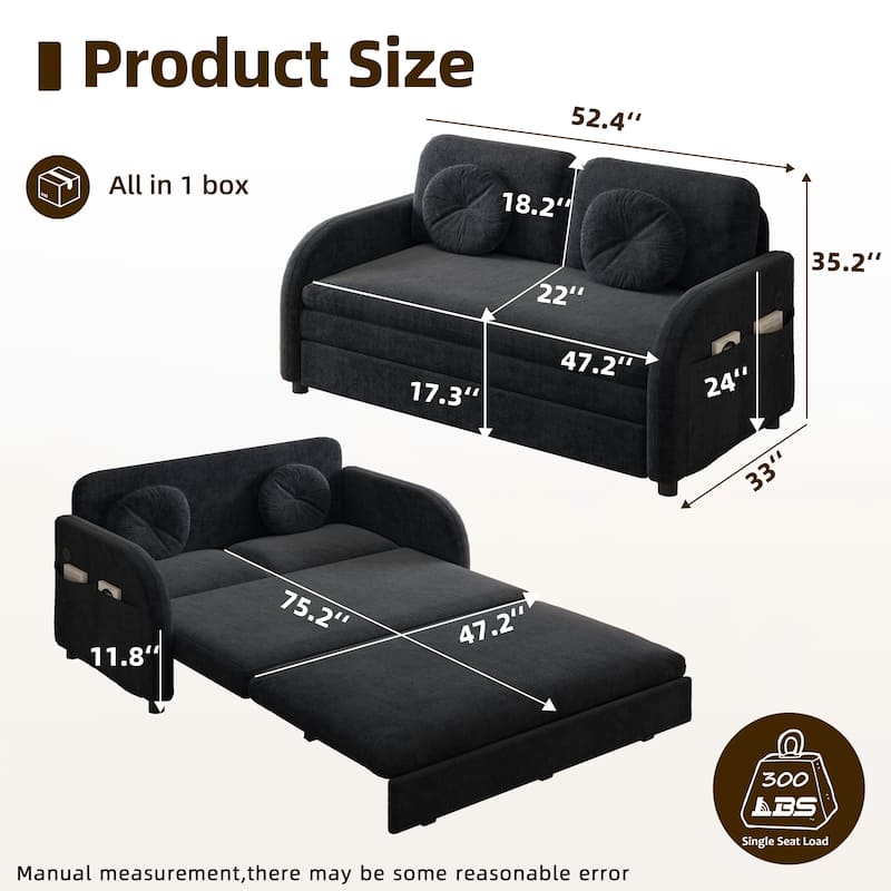 Homy Casa 3-in-1 Convertible Sleeper Sofa Bed, Pull-Out Couch w/ USB, Side Pocket & 4 Pillows, Chenille, 2/3/4-Seat
