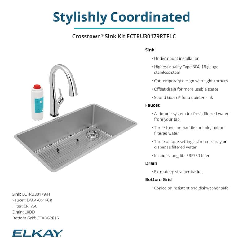 Elkay Crosstown 18 Gauge Stainless Steel 31-1/2" x 18-1/2" x 9", Single Bowl Undermount Sink Kit with Filtered Faucet