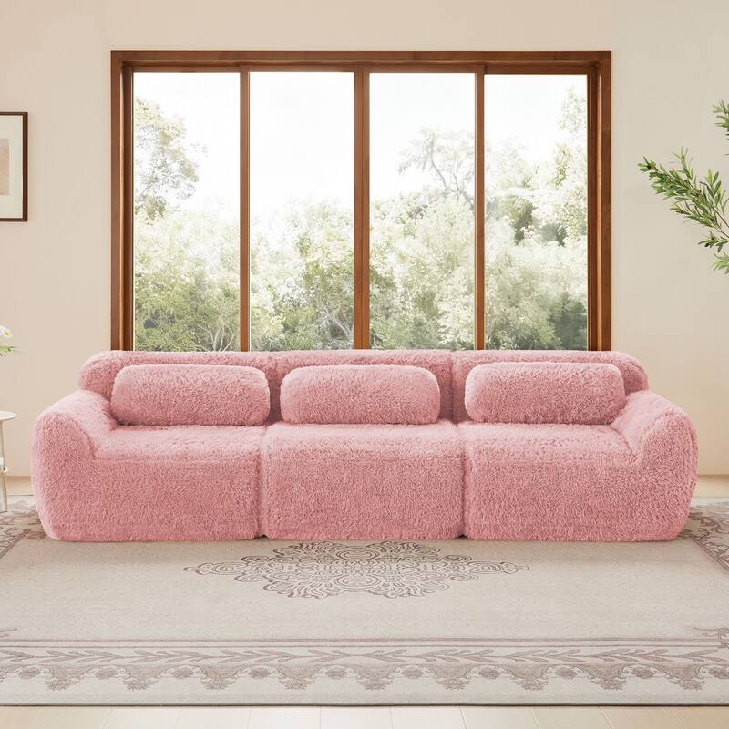 Rossetta 114'' 3-seater Soft Fluffy Plush Fabric Modular Sectional Deep Sofa Couches with Throw Pillows, Buckle Connection - Pink