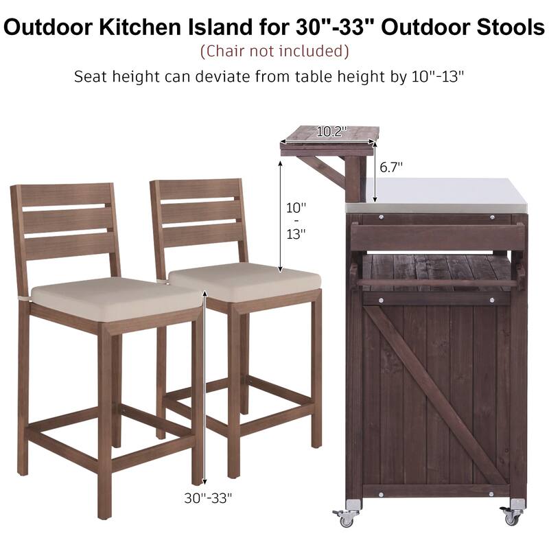 53.3" Outdoor Solid Wood Kitchen Island with Stainless Steel Top, Raised Shelf, Spice Rack & Adjustable Shelf