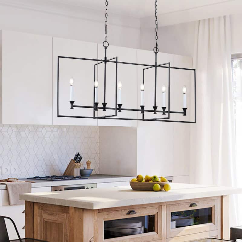 Farmhouse Black 6-Light Metal Frame Chandelier for Kitchen Island