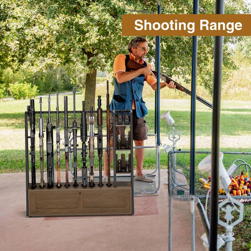 Anmytek Wooden Gun Rack - Floor Standing Display with Pistol Rack, Holds 10 Long Guns & 4 Handguns