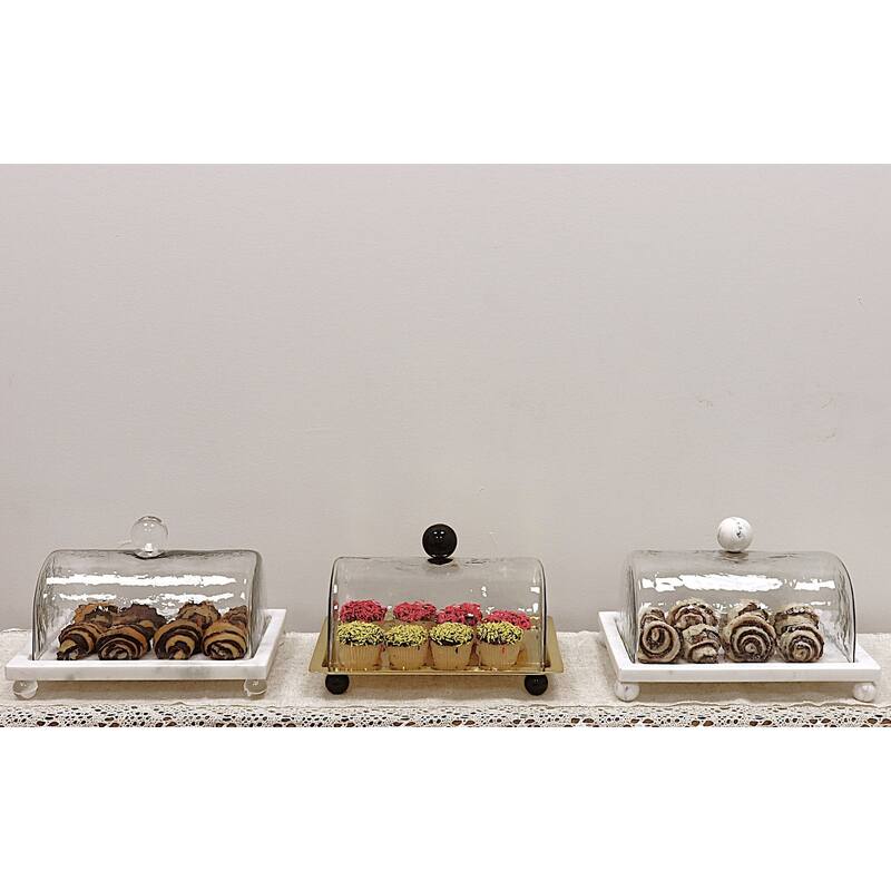 Marble Cake Plater with Glass Cover with Clear Ball Knob - 10.4"L