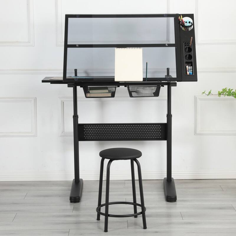 Adjustable Drafting Table Drawing Desk with Stool, 2 Metal Drawers
