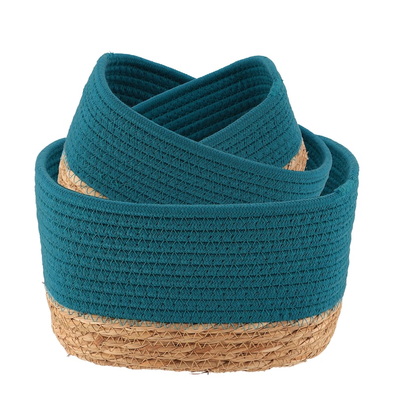Cotton Storage Baskets Organizer Padang Set of 3 - 9 in. L x 5.9 in. D x 5.3 in. H - Blue Tahitian / Natural