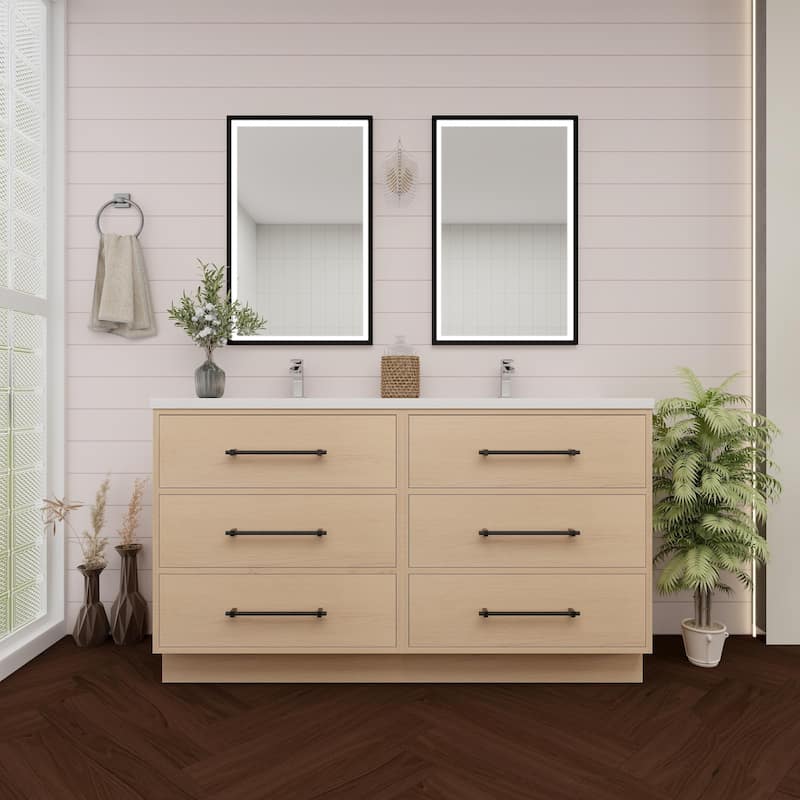 Victoria 60'' Free-standing Vanity with Double Reinforced Acrylic Sink - 59.5 - Oak Finish - Yellow Oak