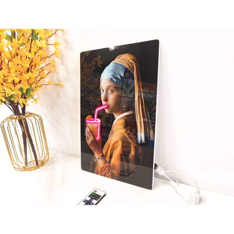Neon Style LED Wall Art - Girl with a Pearl Earring Acrylic Print with Lighted Drink Effect