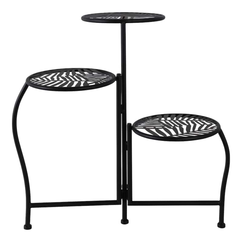 Iron and Metal Leaf Cutout Design 3-Tier Plant Stand - 22" Black - 10" x 10" x 22" - 10" x 10" x 22" - Black