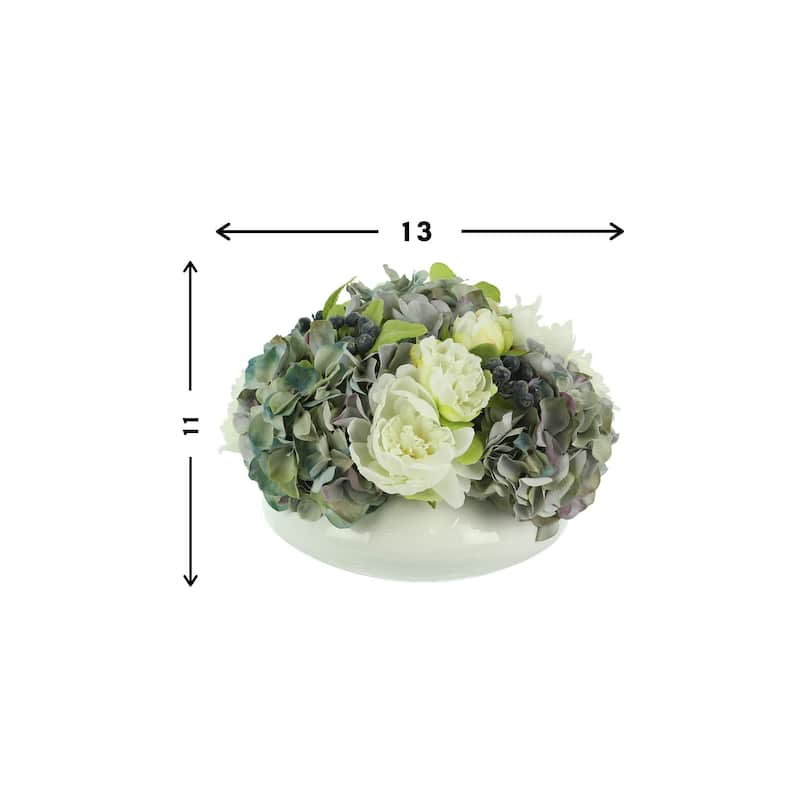 Hydrangeas, Peony and Blueberry in a Round Pot - White, Blue