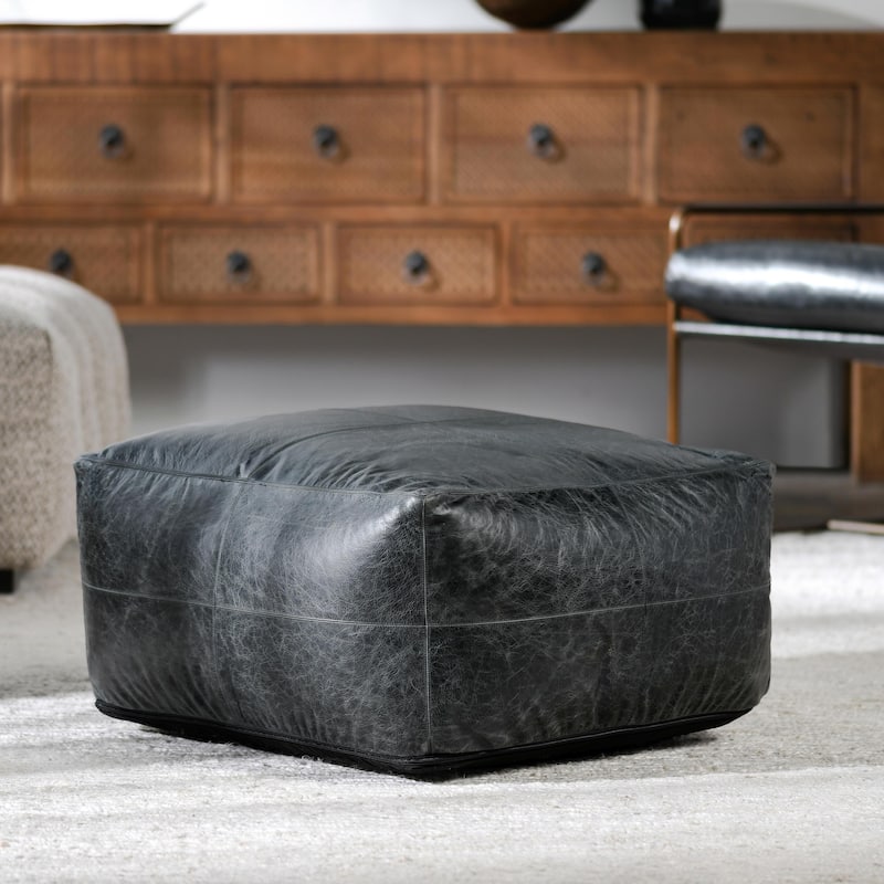 Villa by Classic Home Dexter 24"Genuine Leather Pouf , Onyx Black - Black - Medium