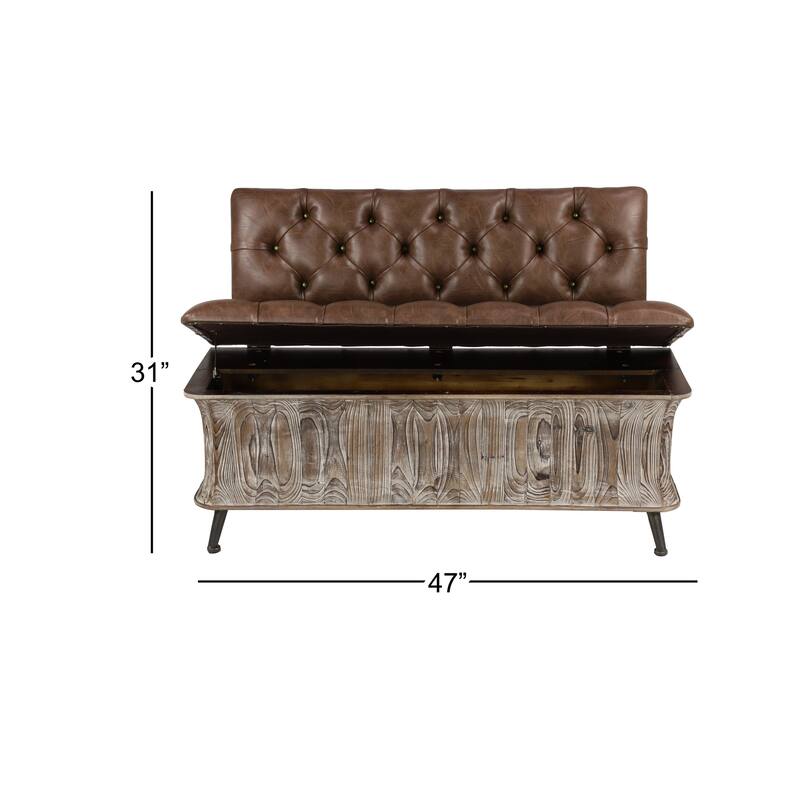 Wood Storage Bench with Tufted Faux Leather Seat and Back - Brown - Roche River Decor - 20"W x 47"L x 32"H