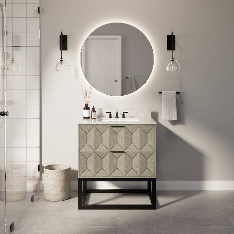 KitchenBathCollection Henley 30" Bathroom Vanity with Carrara Marble Top - Gray Oak