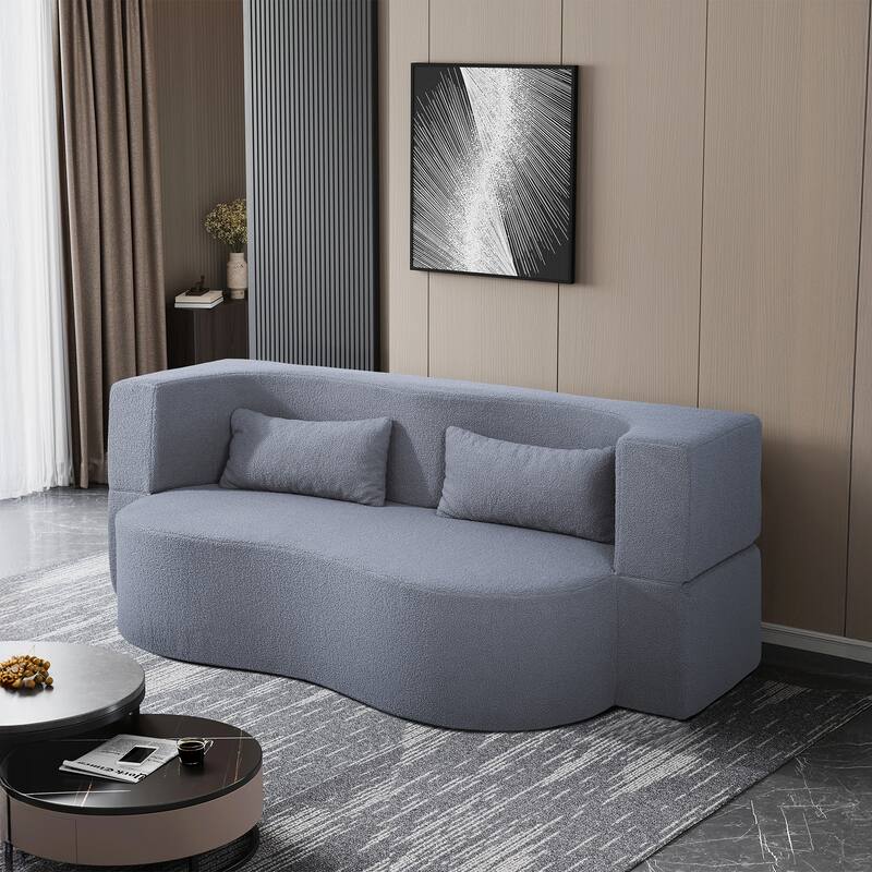 2-in-1 Convertible Loveseat Sofa Bed, Full Size Floor Bed Mattress, Folding Teddy Fabric Futon Couch with 2 Pillows