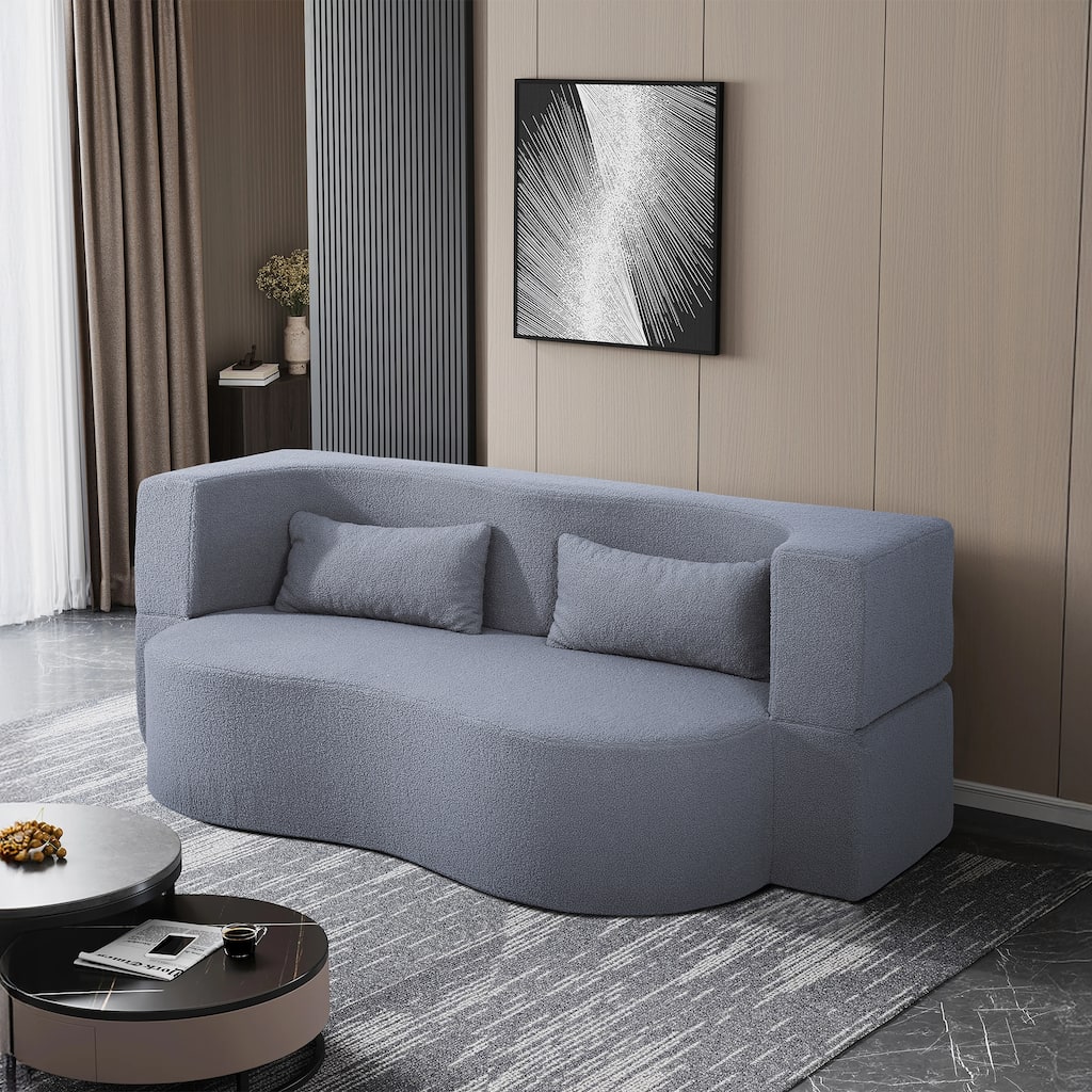 2-in-1 Convertible Sofa Bed, Folding Loveseat Couch with Soft Teddy Fabric, Floor Sleeper Sofa Mattress with 2 Pillows