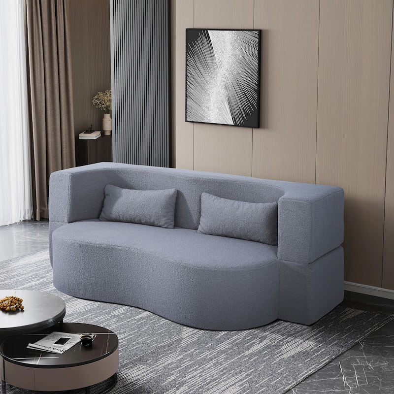 Modern 2-Seater Sofa 2-in-1 Folding Sofa Bed with 2 Pillows, Soft Teddy Fabric and Non-Slip Bottom, for Living Room, Dorm