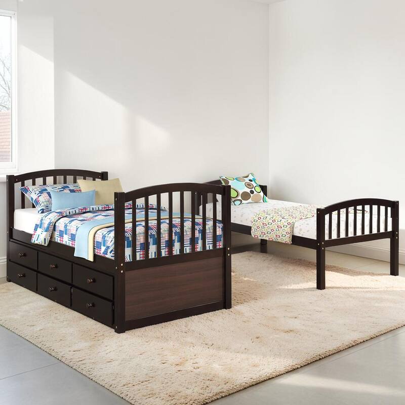 Twin Over Twin Bunk Bed with Trundle and 3 Drawers, Wooden Bunk Bed with Ladder and Safety Rails, Space Saving