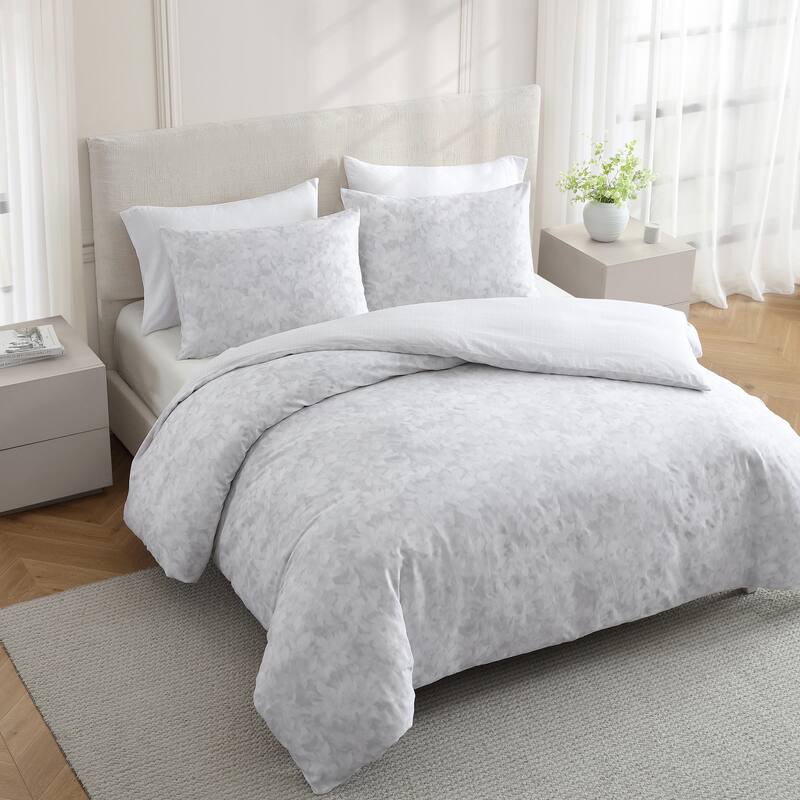 Vera Wang Nebulous Flower Cotton Sateen Textured Reversible Duvet Cover Set (Grey, 3 Piece)