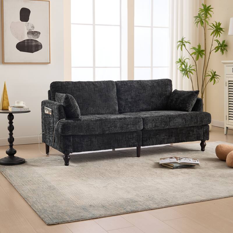 Modern Style Chenille 2-Seater Wood-Legged Sofa With Led Light,USB Charging Port And Storage Bag Living Room Bedroom Study Room