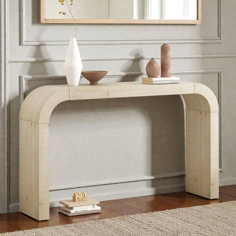 52 Inch Wood Console Table with Curved Edge, Rustic Cedar Veneer Entryway Table with Sled Base for Living Room - Natural