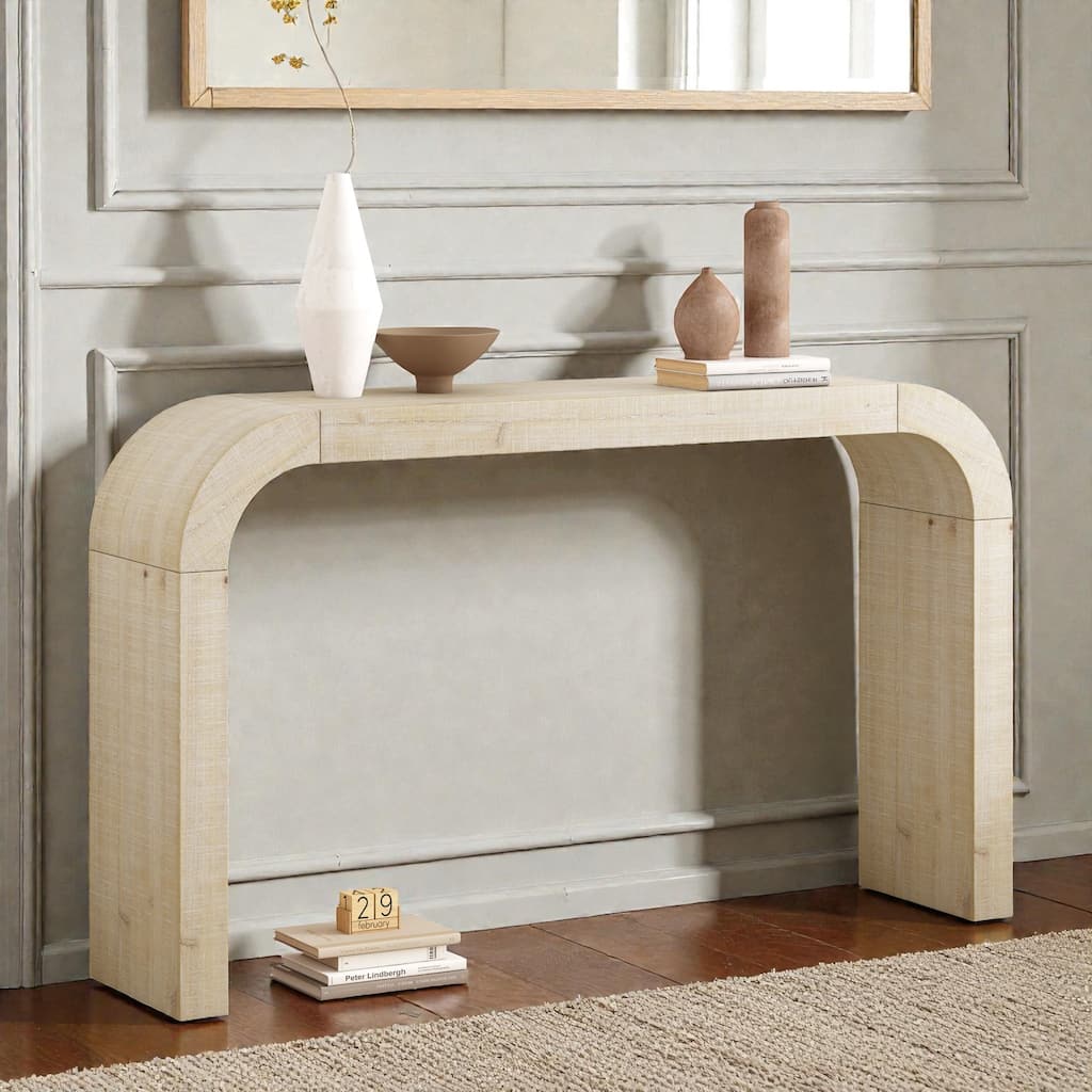 52 Inch Wood Console Table with Curved Edge, Rustic Cedar Veneer Entryway Table with Sled Base for Living Room