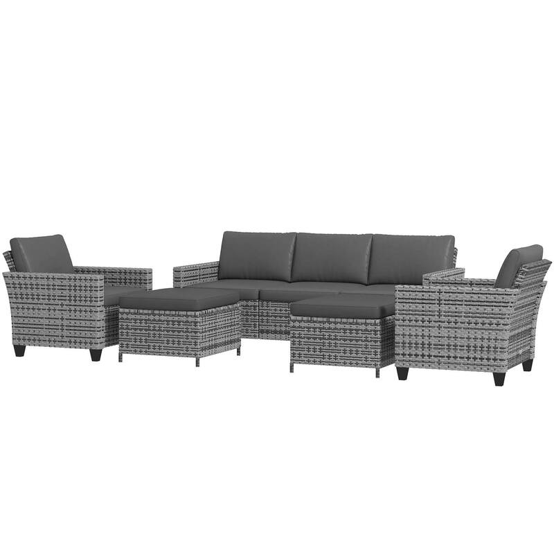 5PC PE Rattan Patio Set, Armchairs, Footstools, Cushions