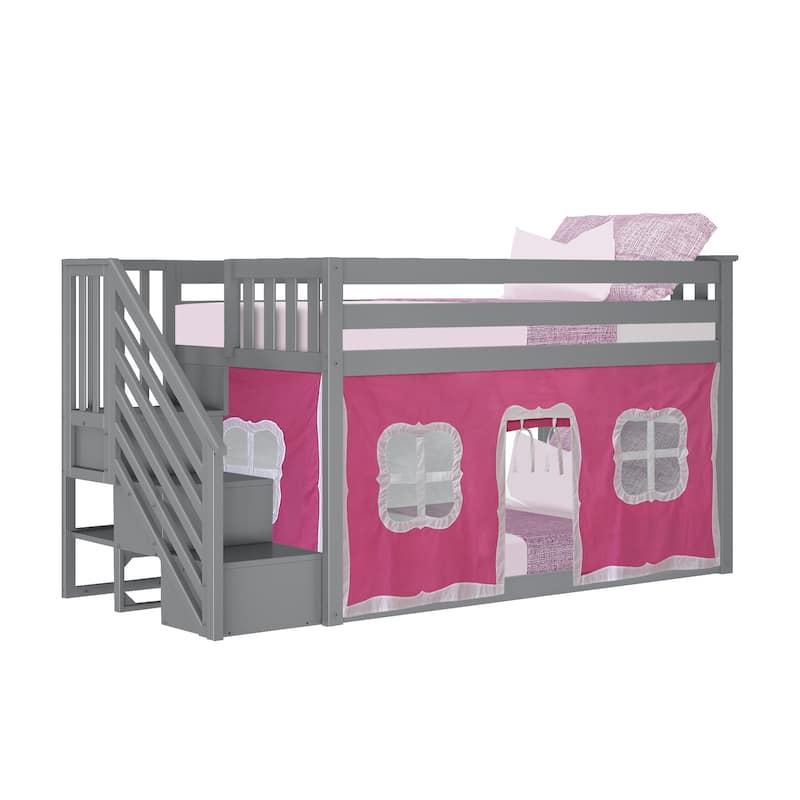 Max and Lily Twin over Twin Low Bunk Bed with Staircase and Curtains