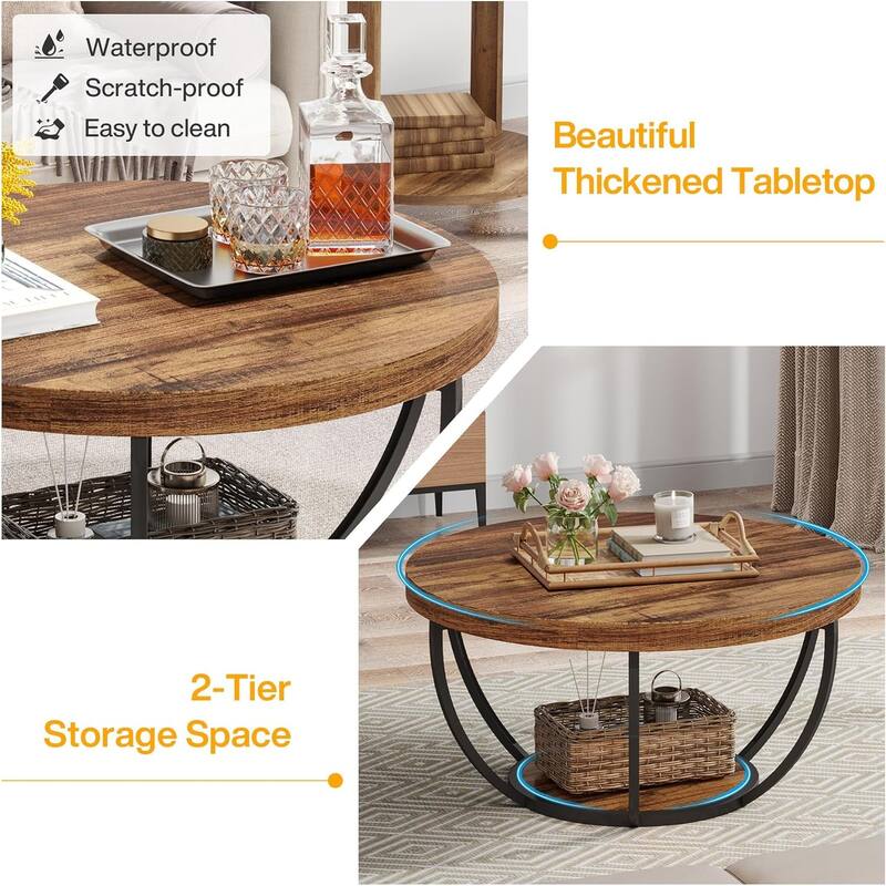 31.7" Round Coffee Table, Modern 2-Tier Center Table Sofa Side Table
