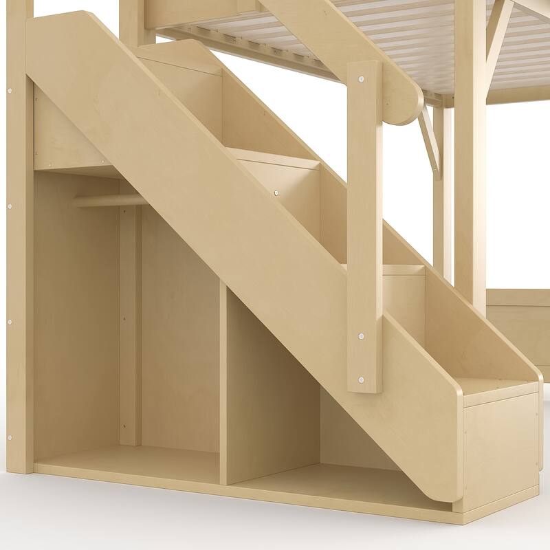 Full/Twin Loft Bed with Built-in Wardrobe, Storage & Stairs - Solid Wood, Full-Length Guardrails, No Box Spring