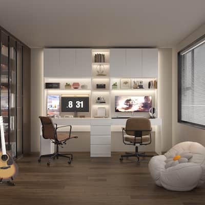 Dual-Person Modern Workstation Spacious White Gaming and Office Desk