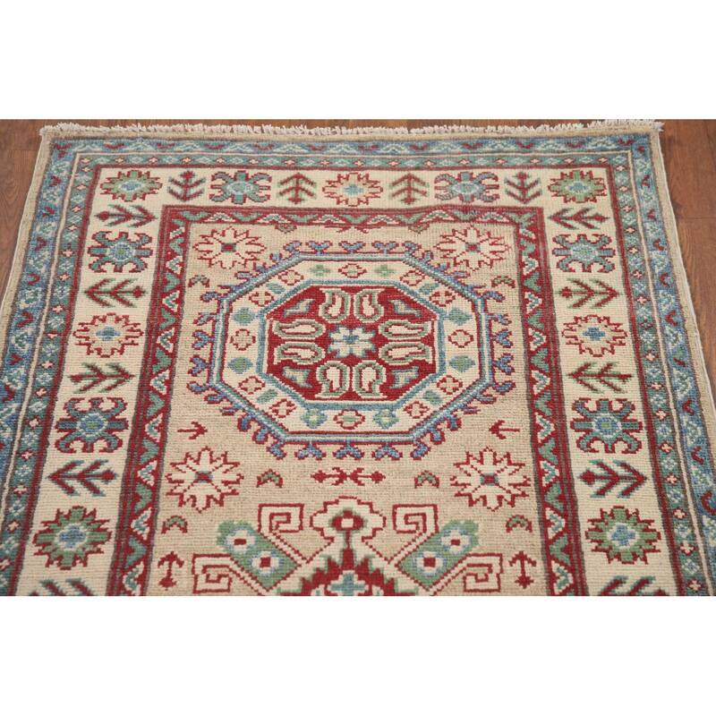 Hand Knotted Oriental 100% Wool Carpet Traditional Geometric Beige & Ivories Kazak Runner Rug - 12' 9'' X 2' 9''