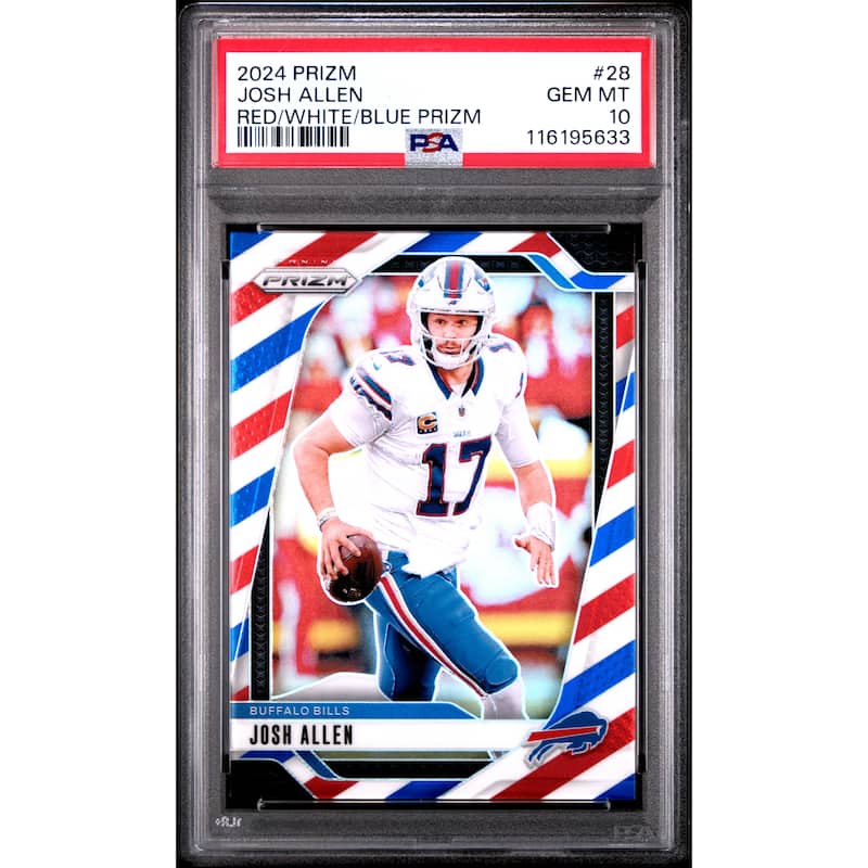 Josh Allen 2024 Panini Prizm Red White Blue Football Card #28 Graded PSA 10 Cert # 116195633 - 8' x 11'