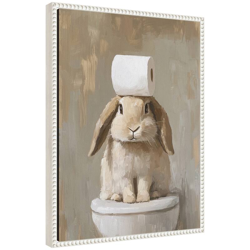 Kate and Laurel Sylvie Toilet Paper Roll on Cute Bunny Head Bathroom Art Framed Canvas by The Creative Bunch Studio - 18x24