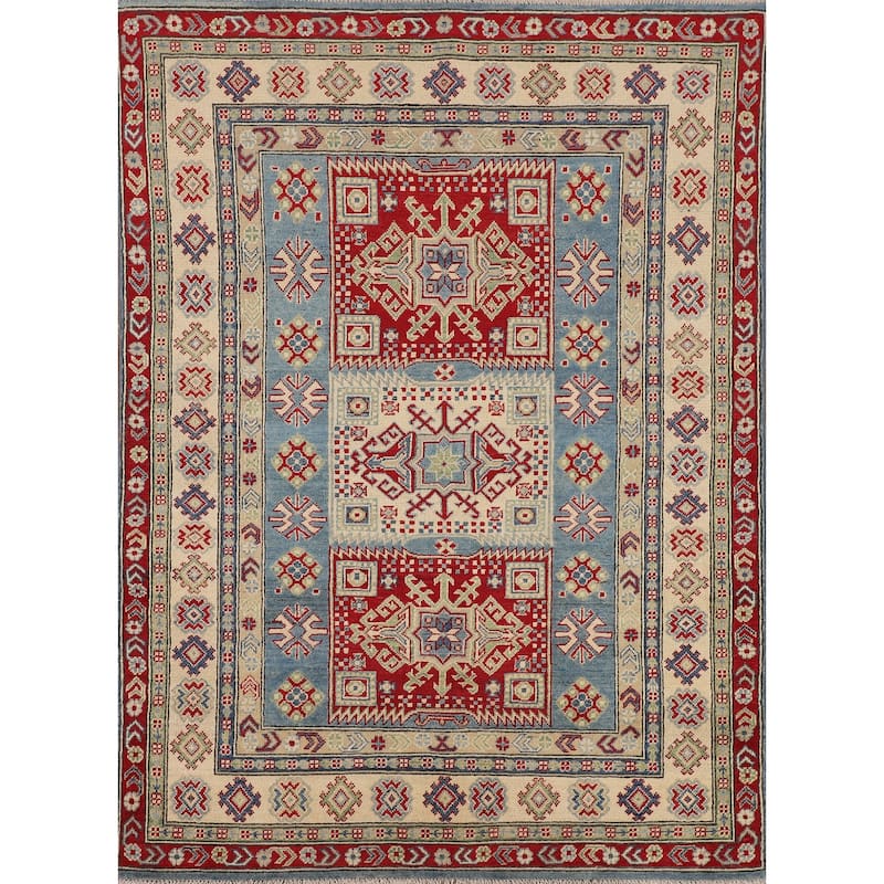 Blue Kazak Oriental Area Rug Handmade Floral Wool Carpet - 4'11" x 6'10"