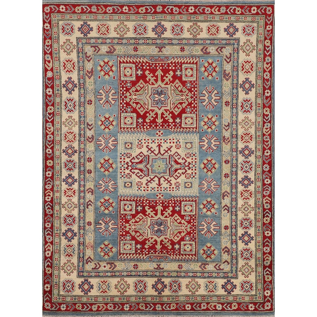 Blue Kazak Oriental Area Rug Handmade Floral Wool Carpet - 4'11" x 6'10"