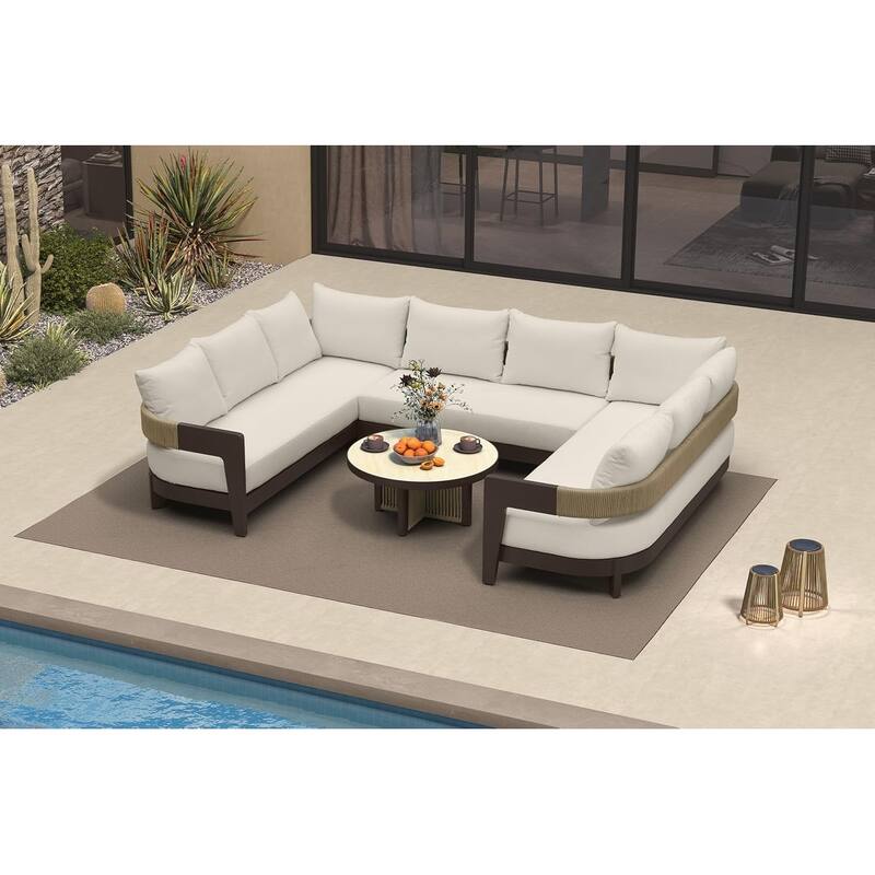 PURPLE LEAF Modern Aluminum Sectional Sofa with 7.87" Cushions for Yard Porch Deck Outdoor Conversation Sets - 6-Seat w/ Table - U-Shaped