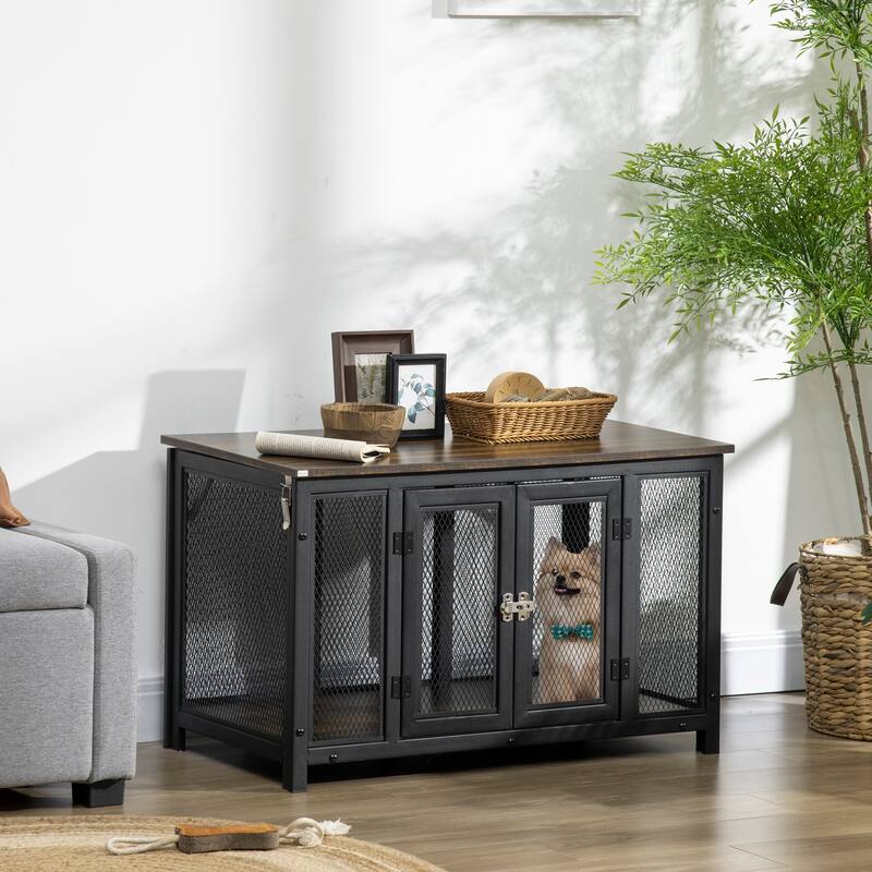 Brown and Midnight Black Dog Crate Side Table with Openable Top Spacious Interior and Heavy Duty Tabletop - Black